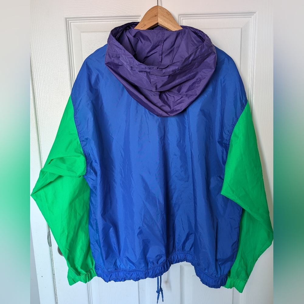 Vintage Badge Windbreaker, Neon Green, Blue, & Purple Hooded Half- Zip, Size L - Picture 11 of 14